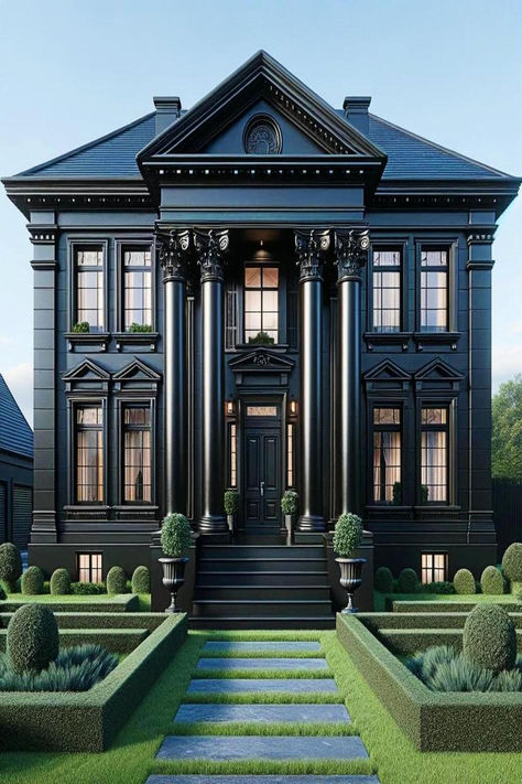 Opulent black mansion with classical columns and detailed landscaping. Grand House Exterior, Kids Bedroom Mirror, Black Stone House, All Black House Exterior, All Black House, Black Luxury House, Black Mansion, Black Home Exterior, Black Villa