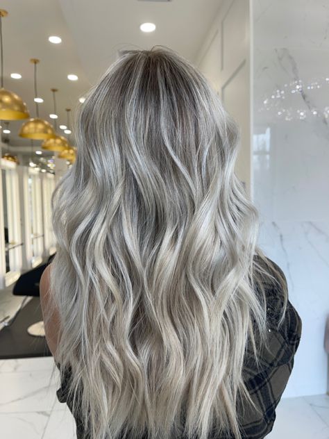 such a pretty color yall Blonde And Silver Balayage, Cool Ashy Blonde Balayage, Silver Hair With Dimension, Natural Ash Blonde Hair Balayage, Blonde Hair Color Ideas With Dimension, Platinum Reverse Balayage, Bright Ash Blonde Balayage, Silver Blonde With Lowlights, Ash Blonde For Fall