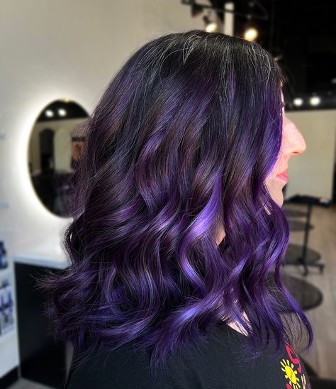 Bewitched🔮💫 We gave this cutie some refreshing on her vivid purple balayage and even added some lighter lilac pieces to make it pop! I love using good ole @redkenpro flash lift power 9 +20 vol 1:1.5 ratio for the lift, and topping it off with some velvet+nevermore + elixir from @pulpriothair ! #coloradohair #castlerockhair #coloradohairstylists #redkenobsessed #redkenready #pulpriot #pulpriothair #pulpriotvelvet #pulpriotisthepaint #coloradostylist #denverhair Purple Balayage, Rock Hairstyles, Work Portfolio, Pulp Riot Hair, Pulp Riot, Good Ole, Balayage, Hair Stylist, Lilac