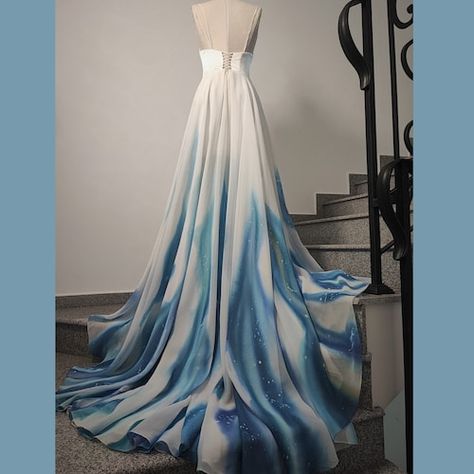 Cyan Wedding Dress, Coloured Wedding Dress Alternative, Two Tone Wedding Dress, Wedding Dresses With Color Accents, Wedding Dress Blue Accent, Unique Colored Wedding Dresses, Ombre Wedding Dresses, Tie Dye Wedding Dress, Ombré Gown