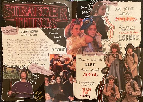 Stranger Things Scrapbook Ideas, Journal Ideas Stranger Things, Movie Journaling Ideas, Stranger Things Journaling, Reading Scrapbook Layouts, Stranger Things Journal Page, Stranger Things Journal Ideas, Stranger Things Scrapbook, Film Journal Ideas