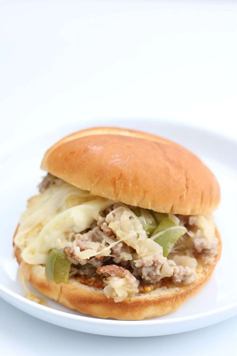 Instant Pot Sloppy Ottos--a German inspired version of a loose meat sandwich. It has tons of flavor with sausage, sauerkraut and spicy brown mustard. Sloppy Ottos, Loose Meat Sandwich, Sausage Sauerkraut, Loose Meat, Loose Meat Sandwiches, Best Pork Recipe, Crockpot Casserole, Spicy Brown Mustard, Sauerkraut Recipes