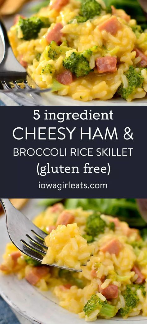 Cheesy Ham and Broccoli Rice Skillet - Iowa Girl Eats Gluten Free Ham Casserole Recipes, Gf Casserole, Ham Steak Dinner, Ham And Rice Casserole, Ham Dinner Recipes, Healthy Ham, Ham And Broccoli, Ham Steak Recipes, Ham Leftovers