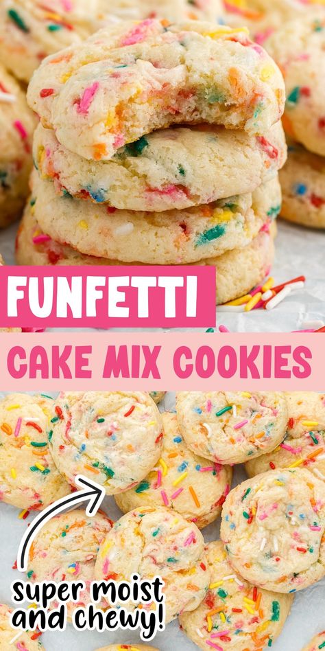 Easy Funfetti cake mix cookies are made with 5 simple ingredients, have a chewy center, and are packed with fun colorful sprinkles. Confetti Cake Mix Cookies, Funfetti Cake Mix Recipes, Funfetti Cookie Recipe, Funfetti Cake Mix Cookies, 3 Ingredient Desserts, Funfetti Cake Mix, Recipes Learn, Cake Mix Cookie Recipes, Cinnamon Roll Cake