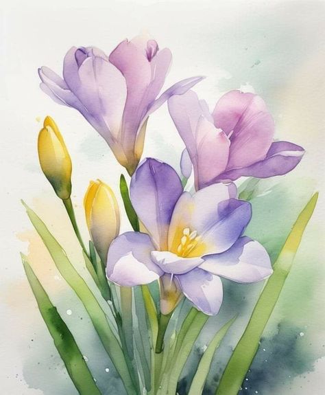 Crocus Watercolor Paintings, Watercolor Crocus, Purple And Yellow Flowers, Ear Tattoo Ideas, Acrylic Art Projects, Flower Drawing Tutorials, Artist Watercolor, Folk Art Flowers, Watercolor Lessons