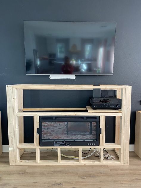 Electric Fireplace With Mantle And Bench, Electric Fireplace Frames, Electric Fireplace Console Living Rooms, Fireplace Insert Living Room, Diy Electric Fireplace Entertainment Center, Fireplace Tv Console Ideas, Built In Tv Wall Unit With Fireplace Diy, Transitional Electric Fireplace Ideas, Diy Fireplace Media Console