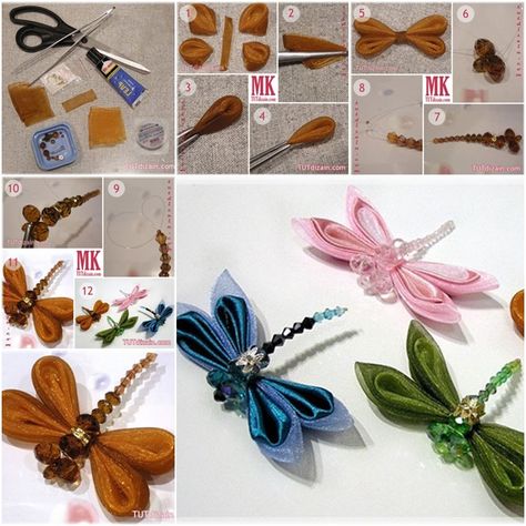 Ruban libellule mignon bricolage Sulaman Pita, Ribbon Projects, Kanzashi Tutorial, Beaded Dragonfly, Kanzashi Flowers, Ribbon Art, Creation Couture, Ribbon Work, Silk Ribbon Embroidery