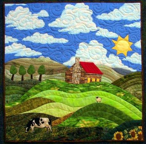 landscape applique quilt Landscape Art Quilts, Austrian Alps, Farm Quilt, Landscape Quilt, Landscape Quilts, Miniature Quilts, Picture Quilts, House Quilts, Farm Scene