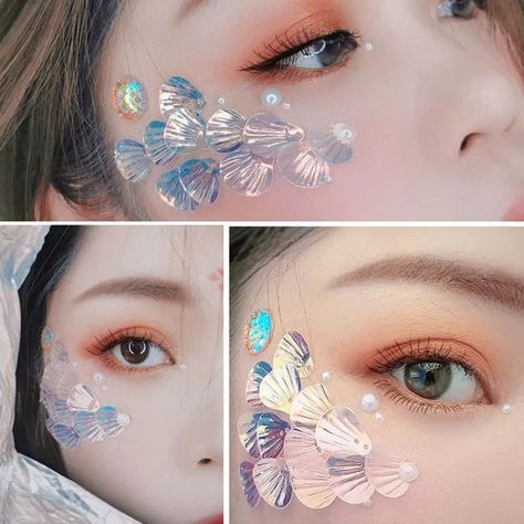 Fish Ears Drawing, Mermaid Makeup Scales, Sea Shell Makeup, Mermaid Scale Makeup, Fish Scales Makeup, Fish Scale Makeup, Mermaid Face Makeup, Fish Makeup Looks, Mermaid Scales Makeup