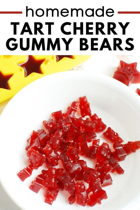 Tart cherry gummy bears in a white bowl next to a gummy bear mold. Tart Cherry Gummies, Cherry Gummies, Homemade Gummy Bears, Healthy Gummies, Homemade Gummies, Gummies Recipe, Bear Recipes, Tart Cherry Juice, Healthy Sweet Treats