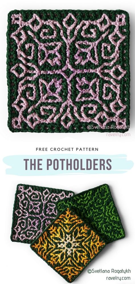 Free Kitchen Crochet Patterns, Expert Crochet Patterns, Cool Crochet Squares, Unique Crochet Squares, Crochet Picture Patterns, Grannie Square Pattern, Surface Crochet Patterns, Crochet Square Projects, 2d Crochet Patterns