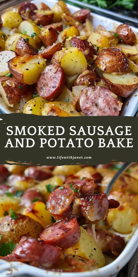 Smoked Sausage and Potato Bake Roasted Smoked Sausage And Potatoes, Smoked Sausage And Potato Bake, Potato Sheet Pan Dinner, Smoked Sausage And Potatoes, Potato Sheet Pan, Smoked Sausage And Potato Recipe, Sausage And Potato Bake, Sausage And Potatoes, Sausage Dinner