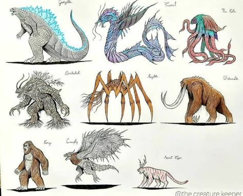 Kaiju Size Chart, Godzilla Characters, Giant Creatures, Colorful Animal Paintings, Monster Verse, Kong Godzilla, King Kong Vs Godzilla, Dinosaur Sketch, All Godzilla Monsters