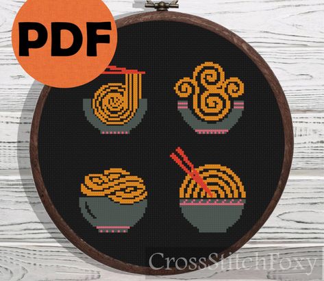 Cross Stitch Food, Food Cross Stitch, Stitch Food, Stitch Kitchen, Ramen Bowls, Boho Cross, Small Cross Stitch, Stitch Flowers, Mini Cross Stitch