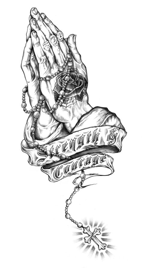 Strength & Courage Pray Illustration, Illustration Art Pencil, Praying Hands Tattoo Design, Religion Tattoos, Praying Hands Tattoo, Rip Tattoo, Hands Tattoo, Guys Tattoos, Gangsta Tattoos