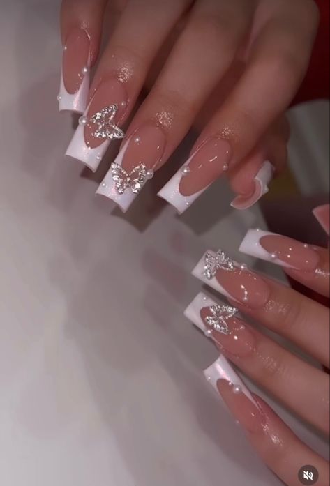 Silver Birthday Nails Acrylic, White Nails With Designs Birthday, White Ombre Nails With Gems, French Tips Nails With Gems, White French Tip Nails With Design Bling, Pretty Prom Nails, Nail Ideas Acrylic White, Mid Length Nail Designs, Cute White French Tip Nails