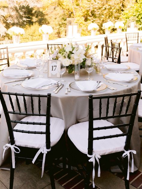 We love a classic color palette so this black and white wedding with hints to Gatsby is right up our alley! This California summer wedding is elegant and gorgeous from start to finish and we're all about the vintage getaway car! Wedding Chairs Black, Black Chavarri Chairs Wedding, Black Chair Wedding Reception, Black Chiavari Chairs Wedding, Black Chairs Wedding, Black And White Summer Wedding, Black Chiavari Chairs, Chiavari Chairs Wedding, White Summer Wedding