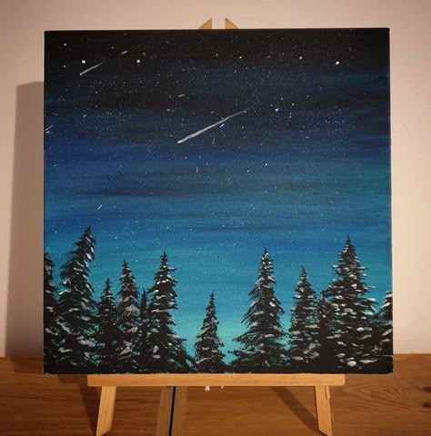 Simple Christmas Paintings On Canvas, Forest Acrylic Painting, Starry Night Painting, Night Sky Painting, Small Canvas Paintings, Canvas For Beginners, Simple Canvas Paintings, Easy Canvas Art, Winter Painting