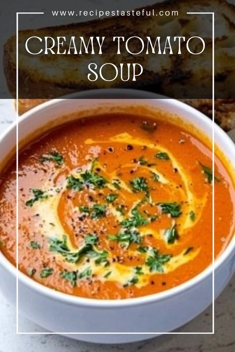 This Creamy Tomato Soup is the perfect comfort food, paired with a classic Grilled Cheese Sandwich. Easy to make and incredibly satisfying, this duo is ideal for cozy meals or any time you're craving something warm and delicious. Grilled Cheese And Tomato Bisque, Creamy Tomato Soup With Canned Tomatoes, Tomato Soup Cream Cheese, Grilled Cheese And Tomato Soup Recipe, Cream Of Tomato Soup Recipe, Tomato Soup With Cream Cheese, Tomato Soup With Grilled Cheese, Crispy Grilled Cheese, Soup With Grilled Cheese