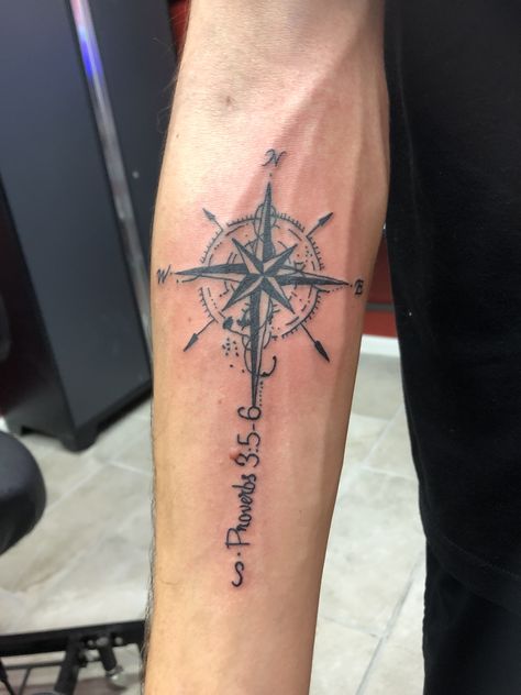 Christian Compass Tattoo Men, Christian Compass Tattoo, Cross Compass Tattoo, Typographic Tattoo, Compass Tattoo Men, Compass Tattoos, Outer Forearm Tattoo, Spartan Tattoo, Cross Tattoo For Men