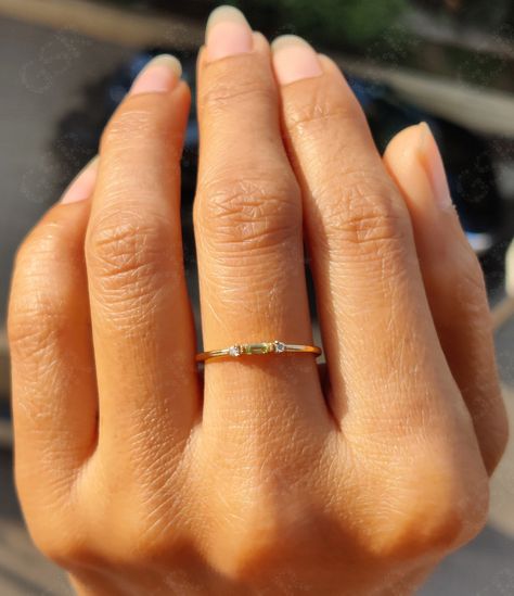 14K Gold Peridot Ring / Baguette Peridot Stacking Ring / Minimalist Birthstone Peridot Ring / Three-Stone Round Moissanite Peridot Ring by GelsonStackingRings on Etsy Simple Peridot Ring, Simpel Peridot Rings, Mother Ring, Dainty Peridot Birthstone Ring For Wedding, Gold Stackable Peridot Rings As A Gift, Green Peridot Birthstone Ring, Dainty Style, Mothers Ring Stackable, Music Rings, Open Cuff Ring