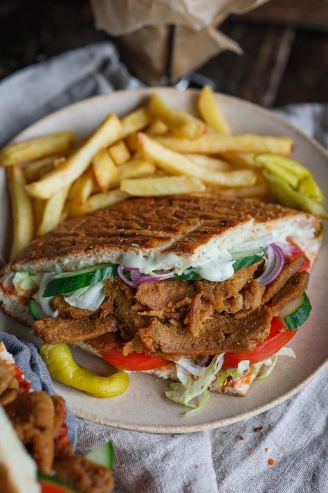 Seitan Doner Kebab | Pick Up Limes Onion Bhaji, Plant Based Yogurt, Doner Kebab, Witch Potion, Red Onion Salad, Foodie Crush, Meat Substitutes, Chicken Spices, Roasted Meat