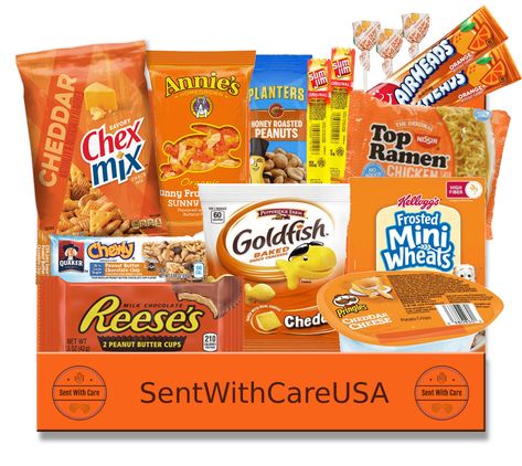 🧡 Orange Themed Gift Box - https://etsy.me/3zkYRsE Surprise someone you love with our clever orange color themed snack boxes. #orange #snackbox #snackcarepackage #orangesnacks #orangegifts #orangegiftbox #orangeyouglad #giftsforhim #outoftheblue Orange Gift Basket, Birthday Gifts For Family, Summer Gift Baskets, Blue Snacks, Sunshine Committee, Honey Roasted Peanuts, Orange Green Purple, Long Distance Friends, Snack Boxes