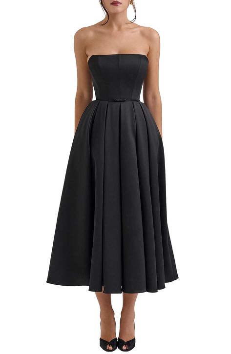 HOUSE OF CB Audrey Strapless Fit & Flare Dress | Nordstrom Feminine Era, Corset Midi Dress, Black Strapless Dress, Prom Dress Inspiration, Satin Gown, House Of Cb, Groom Dress, Wedding Guest Dresses, Dress Inspiration