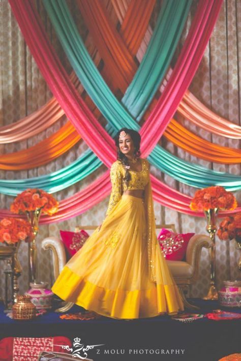 Yellow Is No More A Haldi Color! These Real Brides Totally Rocked In Yellow At Other Nuptials. | WedMeGood Mehndi Decoration, Mehendi Decor, Desi Wedding Decor, Marriage Decoration, Mehndi Decor, Beautiful Wedding Decorations, Wedding Backdrop Decorations, Wedding Mandap, Wedding Design Decoration