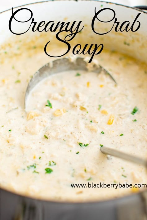 A close up photo of creamy Crab Soup Cream Of Crab Soup Recipe, Creamy Crab Soup, Crab Soup Recipe, Cream Of Crab, Crab Soup Recipes, Soup With Potatoes, Bisque Soup Recipes, Potatoes And Corn, Crab Meat Recipes