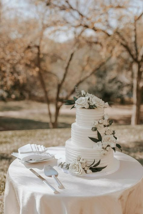 Wedding Cake Horizontal Lines, Wedding Cake 3 Separate Tiers, 3 Tier Wedding Cake Ideas Elegant, Minimalist White Wedding Cake, Wedding Cake Single Tier, White Green And Gold Wedding, Plain Wedding Cakes, Wedding Cake Minimalist, Minimalist Elopement