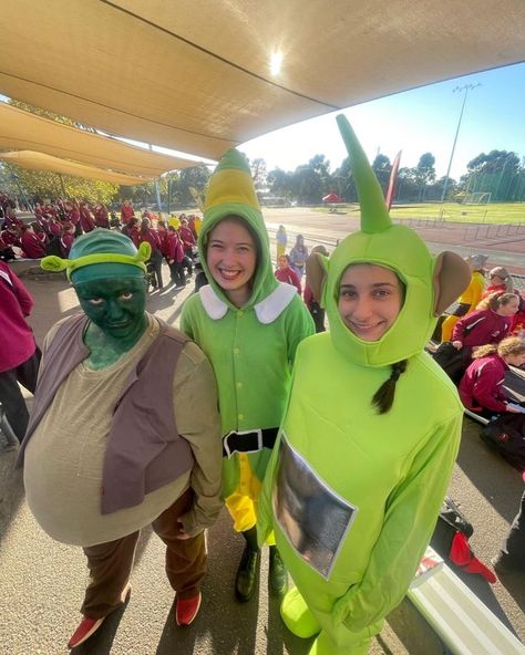 Green Custome Halloween, Athletic Carnival Costumes, Athletics Day Costumes, Green Team Camp Outfits, Tellie Tubbies Costume, Year 12 Muck Up Day Costumes, Athletics Carnival Costumes, Swimming Carnival Costume, Green Dress Costume Ideas