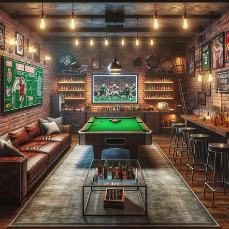 Immerse in this spacious man cave's rustic-industrial ambiance. Delight in unique features - a sports styled  flat-screen TV area, cozy leather couch, minibar, pool table, vintage rug, a variety of games, and Edison bulb lights. #ManCave #HomeDecor #RusticStyle #GameRoom #IndustrialDecor #HomeBar Cozy Leather Couch, Basement Pub, Pool Room Ideas, Bar Pool Table, Industrial Man Cave, Pool Table Games, Game Room Ideas, Bourbon Room, Bulb Lights