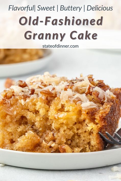 A slice of granny cake in a plate with a fork. Granny Cake Recipe, Granny Cake, Doodle Cake, Tooth Cake, Cake With Coconut, Coconut Pecan, Dessert Cakes, Walnut Cake, Best Cakes