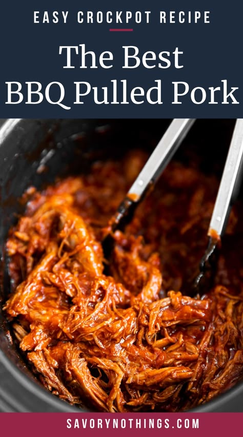 Learn how to make the best BBQ pulled pork in your slow cooker - just 10 minutes of prep time will turn 5 simple ingredients into a delicious sandwich filling! Great for summer cookouts, BBQs and potlucks or early fall football tailgates. | #slowcooker #crockpot #potluck #summerrecipes #tailgate #easydinner #porkrecipes Pulled Pork For A Crowd Parties, Slow Cooker Pulled Pork Bbq, Crockpot Potluck, Bbq Pork Crockpot, Slow Cooker Bbq Pulled Pork, Crockpot Pulled Pork Bbq, Pork Crockpot, Picnic Roast, Bbq Pulled Pork Slow Cooker