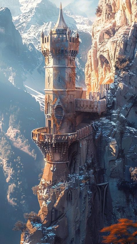 Castle Carved Into Mountain, Fantasy Tower Design, Medieval Fantasy Building Concept Art, High Fantasy Castle, High Fantasy Inspiration, Castle In A Mountain, Fantasy Tower Concept Art, Fantasy Mountain Castle, Fantasy Landmarks