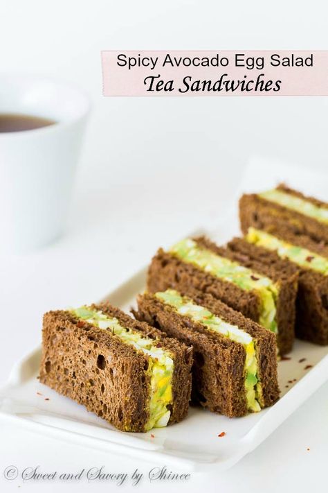 Spicy Avocado Egg Salad Tea Sandwiches ~Sweet & Savory by Shinee Egg Salad Tea Sandwiches, Pumpernickel Bread, British Breakfast, Tea Sandwich, Tea Party Sandwiches, Tea Sandwiches Recipes, Texture Contrast, Sandwiches Recipes, Hot Spices