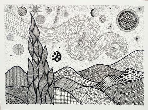 This painting is starry night's zentangle version created in lines and curves imitating the original painting's brush strokes. Starry Night Line Drawing, Lines And Curves Drawings, Curved Lines Drawing, Starry Night Line Art, Pattern Design Drawing, Drawing Patterns, Zentangle Pattern, Dancer Photography, Line Art Design