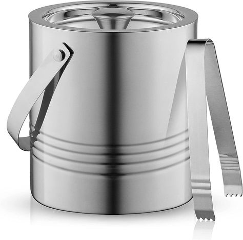 JoyJolt Metal Double Wall Ice Bucket with Lid, Ice Tongs and Strainer. 3L Insulated Ice Bucket for Cocktail Bar, Wine, Home Bar Accessories, Parties, Champagne Bucket. Stainless Steel Ice Buckets Bar Ice Bucket, Silver Ice Bucket, Night Wears, Warm Wine, Drink Bucket, Bucket Cooler, Steel Bucket, Home Bar Accessories, Wine Ice Bucket