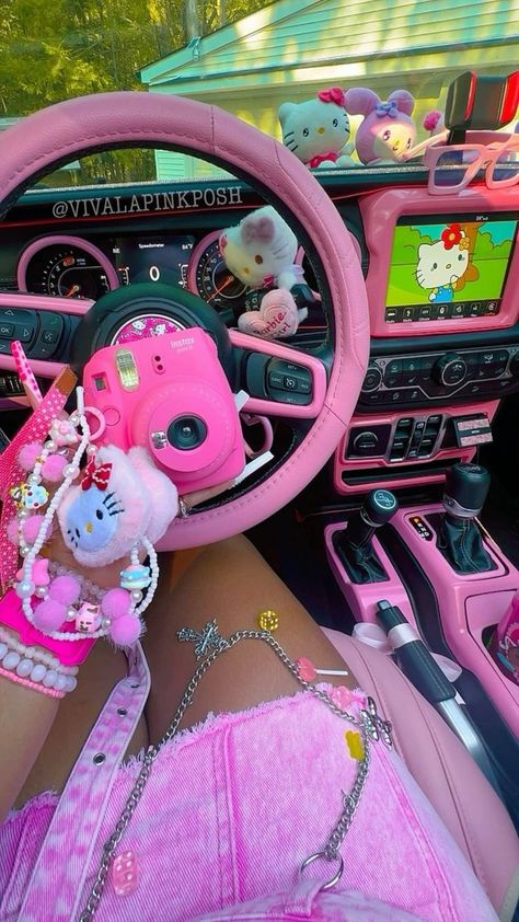 ₊˚ෆ Follow me for more 𐙚 visit my boards ₊˚ෆ Cute Pink Car, Insta Camera, Hello Kitty School, Hello Kitty Room Decor, Pink Cars, Pink Car Accessories, Hello Kitty Car, Pink Rims, Pink Jeep