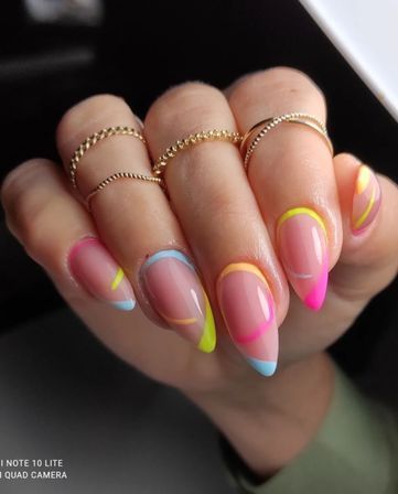 Summer nails can be so much fun! From bright and bold colors to playful designs, there are endless possibilities to express yourself. Here are some popular summer nail trends that you might like:Bright and Neon Colors,Pastel Shades,Tropical Prints,Fruit Designs,Ombre Nails,Seaside Themes  You can experiment with different color combinations to create a beachy look. Summer Almond Nails, Ongles Gel French, Neon Nail Designs, French Nail Designs, French Nail, Almond Nails Designs, Nails 2024, Neon Nails, Nail Art Ideas