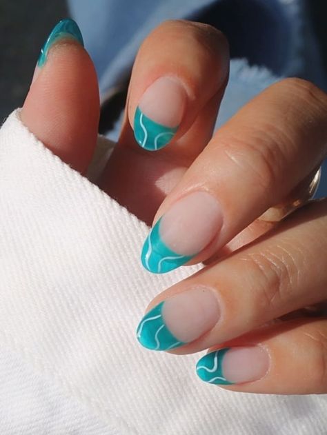 French tips with swirls French Tips With Swirls, Turquoise Nail Ideas, Turquoise Nail Polish, Teal Acrylic Nails, Turquoise Nail Designs, Nails Teal, Nail Makeover, Teal Nail Designs, Gel Polish Nail Designs