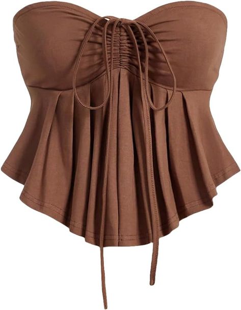 Link in pin. OYOANGLE Women's Sleeveless Strapless Tube Tops Drawstring Ruched Front Ruffle Hem Bandeau Crop Tops. Ruffle Tube Top, Bandeau Crop Top, Flare Top, Strapless Tops, Dolce E Gabbana, Women Tops, Beautiful Fashion, Cute Tops, Ruffle Hem