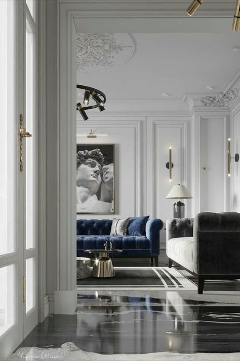 Blue Elegant Bedroom, Classical Room, Classic Modern Living Room, Modern Neoclassical Interior, Modern Classic Living Room, Neoclassical Interior, Classic Interior Design, Classic Living Room, Rustic Home Design