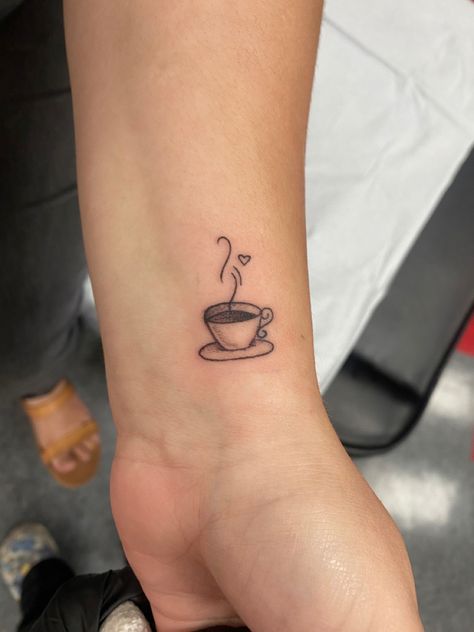 Coffee Mini Tattoo, Small Coffee Cup Tattoo Simple, Dainty Coffee Cup Tattoo, Dainty Teacup Tattoo, Mug Tattoo, Coffee Mug Tattoo, Coffee Tattoo Ideas, Cup Of Tea Tattoo, Coffee Cup Tattoo