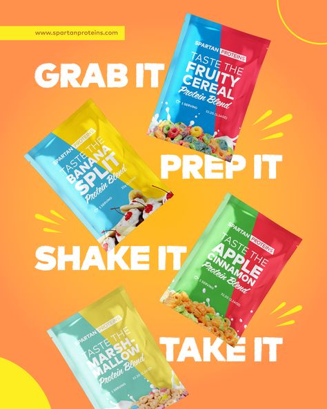 Enjoy a variety of flavors with our Whey Protein Pouches! 🥛 You will discover your favorite flavors without committing to a whole tub, PLUS you would be saving BIG money. 😍 Go to our website NOW! #spartanproteins #pouches #protein #wheyprotein #proteinshake #gym #fitness Protein Ads Design, Protein Shake Product Photography, Protein Shake Packaging Design, Protein Bar Ads Design, Post Gym Protein Shake, Protein Bar Advertising, Protein Cereal, Product Animation, Social Media Advertising Design