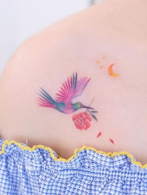 Detailed Hummingbird Tattoo, Hummingbird With Rose Tattoo, Hummingbird And Rose Tattoo, Hummingbird Tattoo Watercolor, Hummingbird Tattoo Meaning, Delicate Feminine Tattoos, Hummingbird Tattoos, Small Hummingbird Tattoo, Many Tattoos