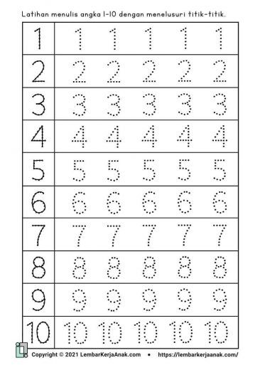 Menebalkan Angka 1–10 | Belajar Menulis - Lembar Kerja Anak Matematik Prasekolah, Number Writing Worksheets, Alphabet Flash Cards Printable, Preschool Number Worksheets, Kindergarten Math Worksheets Free, Lap Book, Writing Practice Worksheets, Kindergarten Coloring Pages, Easy Art For Kids