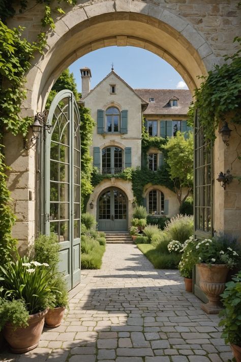 20 French Country-Style Home Ideas – ToolzView French Guest House, French Country House Layout, French Brick House, Small French Chateau Exterior, French Cottage Floor Plans, French Archway, French Chateau Style Homes Interior, French Inspired Home Exterior, French Homes Exterior