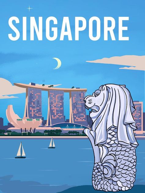 Singapore Illustration, Travel To Singapore, Singapore Poster, Singapore Merlion, Merlion Singapore, Singapore Design, Singapore Skyline, Posters Decor, Boat Illustration